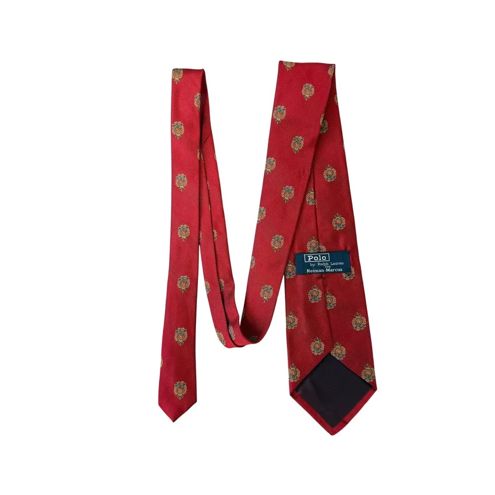Polo Ralph Lauren Neiman Marcus VTG Mens Red Silk Crest Emblem Necktie USA Made